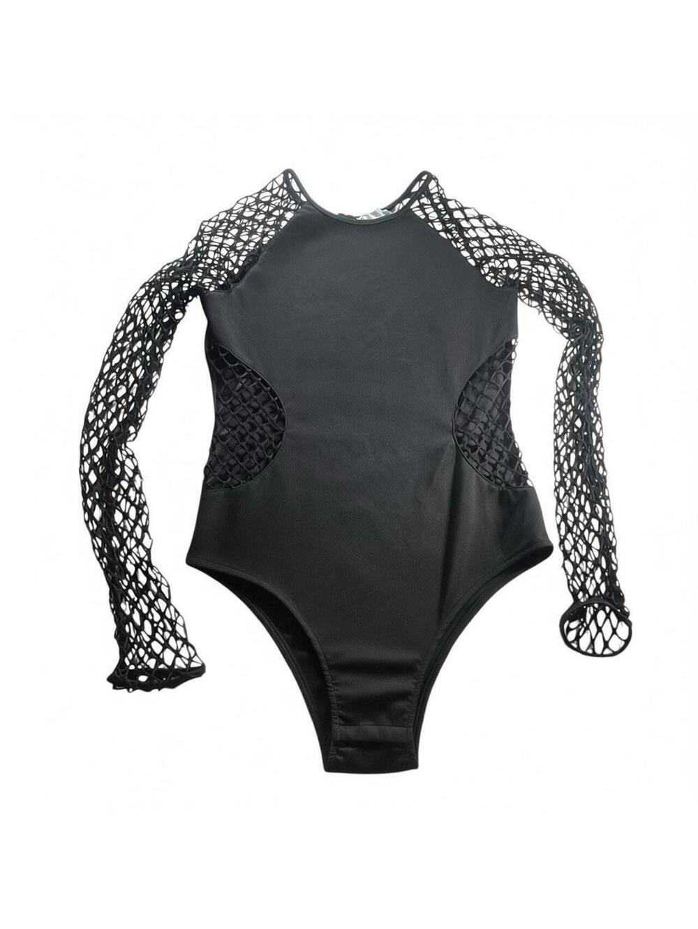 iHeartRaves Black Fishnet Long Sleeve Cutout Bodysuit